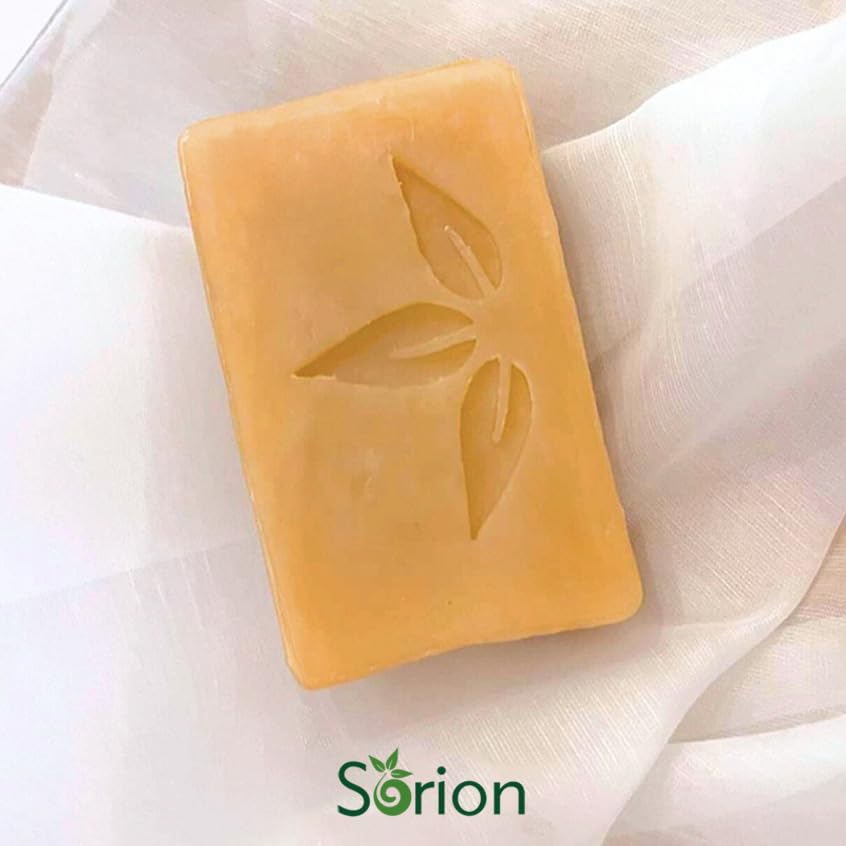 Sorion soap close-up shows natural texture and plant-based formula.
