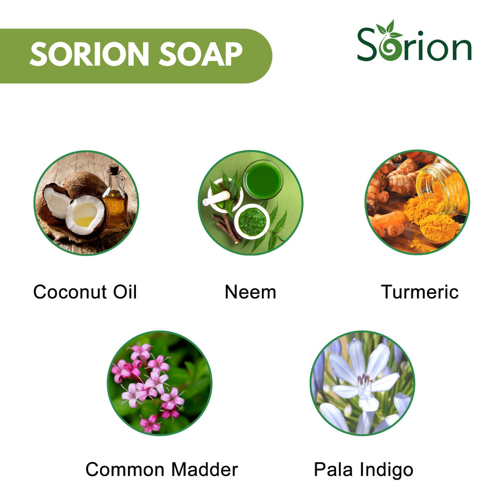 Sorion soap packaging front communicates steroid-free formula.