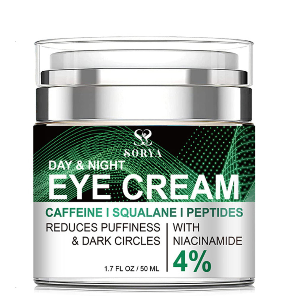 Close-up of SORYA Caffeine Eye Cream jar showing smooth texture for refreshed under-eye look.