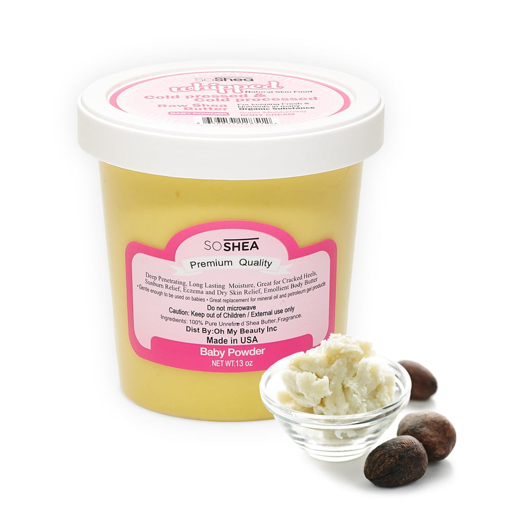 SoShea whipped shea butter baby powder packaging highlights natural Ghana-sourced ingredients.