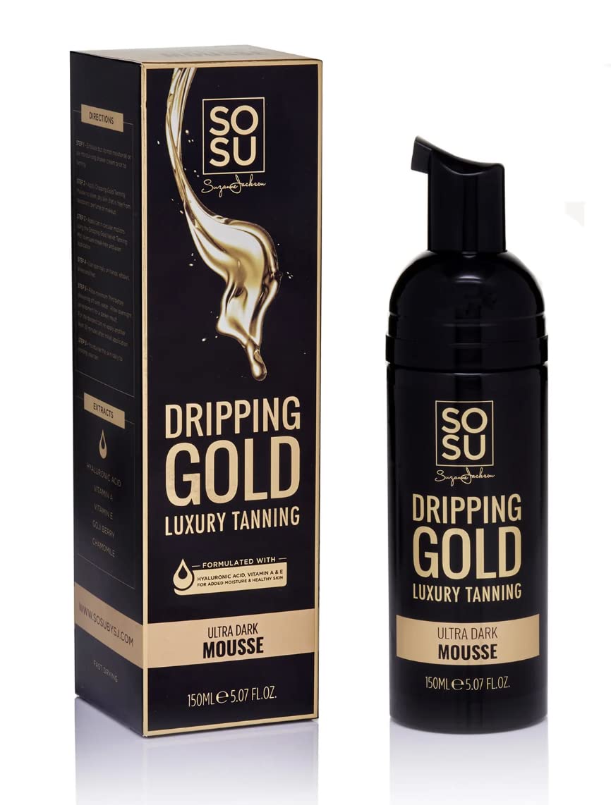 SOSU Dripping Gold tanning mousse bottle shows hydrating formula with hyaluronic acid.