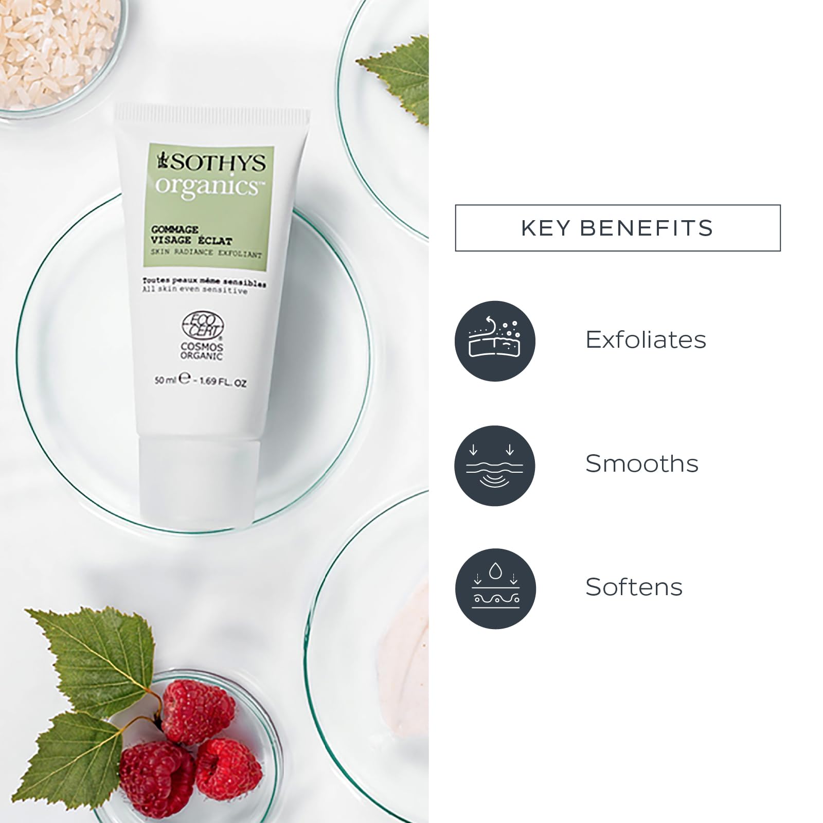 SOTHYS Skin Radiance Exfoliant jar packaging highlighting vegan formula benefits.