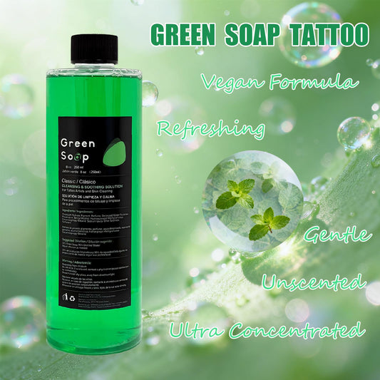 Sotica Green Soap Tattoo kit contents show ready-to-use setup for clean sessions.