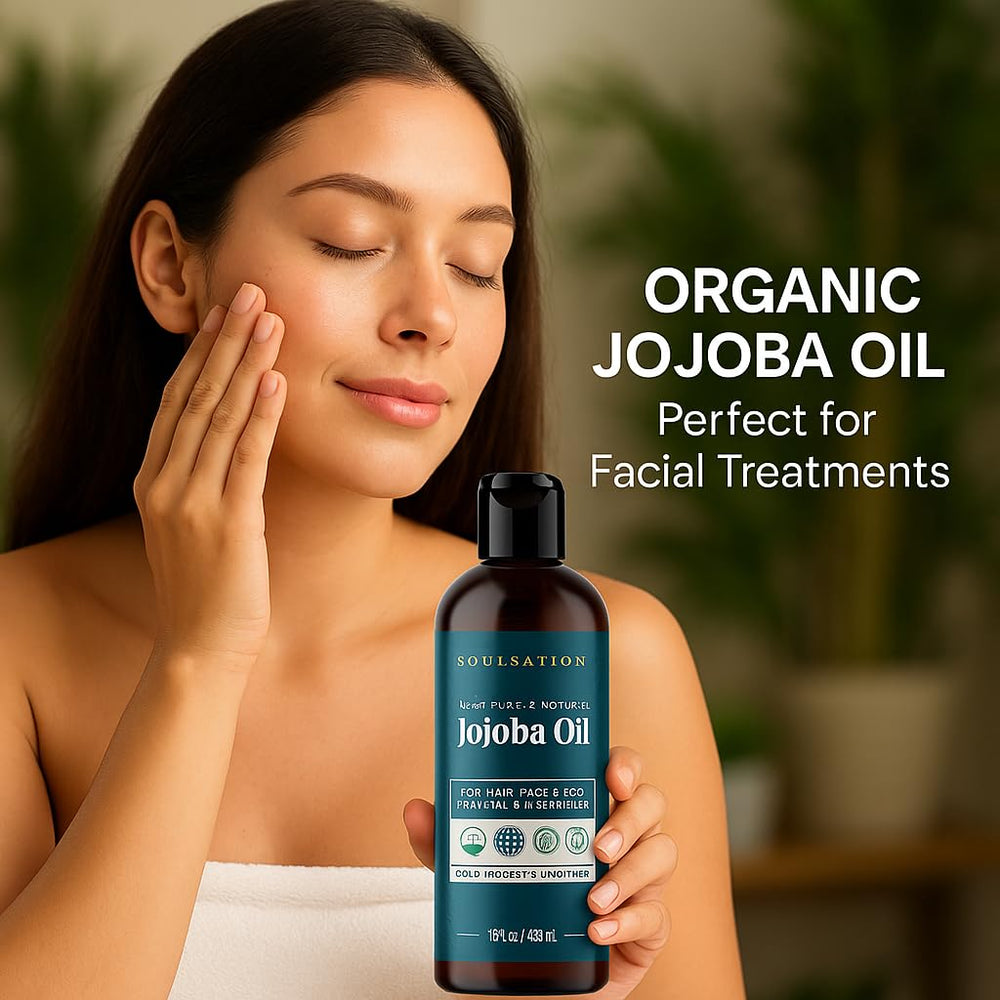 SOULSATION Jojoba Oil 16oz label highlights organic, Non-GMO verification and vegan status.