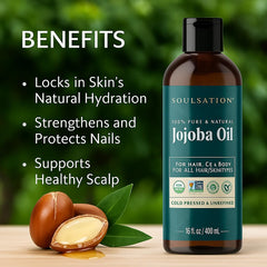 SOULSATION Jojoba Oil being poured demonstrates fast-absorbing moisture for skin.