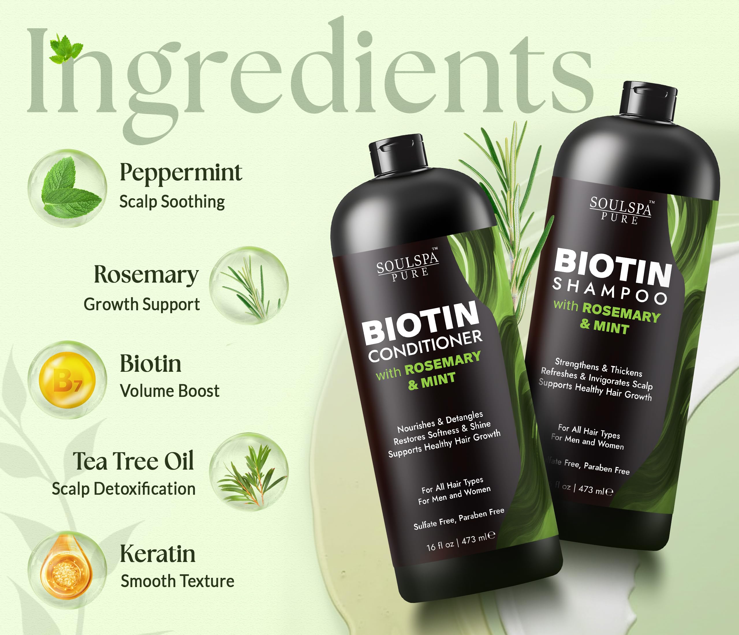 SOULSPA PURE Biotin Conditioner texture close-up reveals silky, manageable strands.