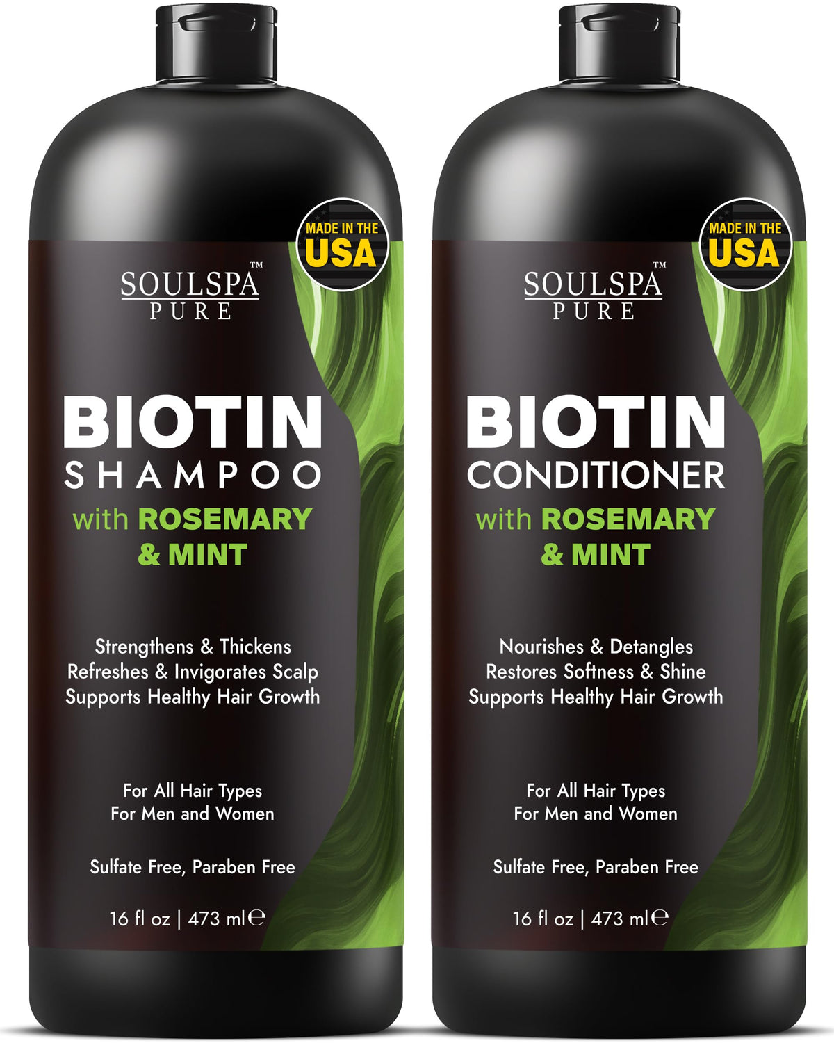 SOULSPA PURE Biotin Shampoo bottle for daily refreshing cleansing and stronger strands.