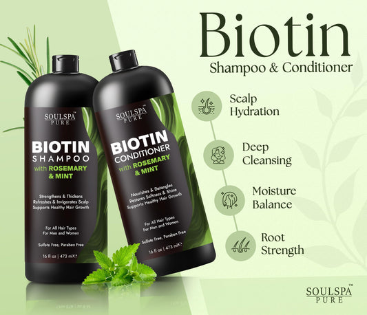 SOULSPA PURE Biotin Shampoo ingredients label close-up highlighting rosemary and mint benefits.