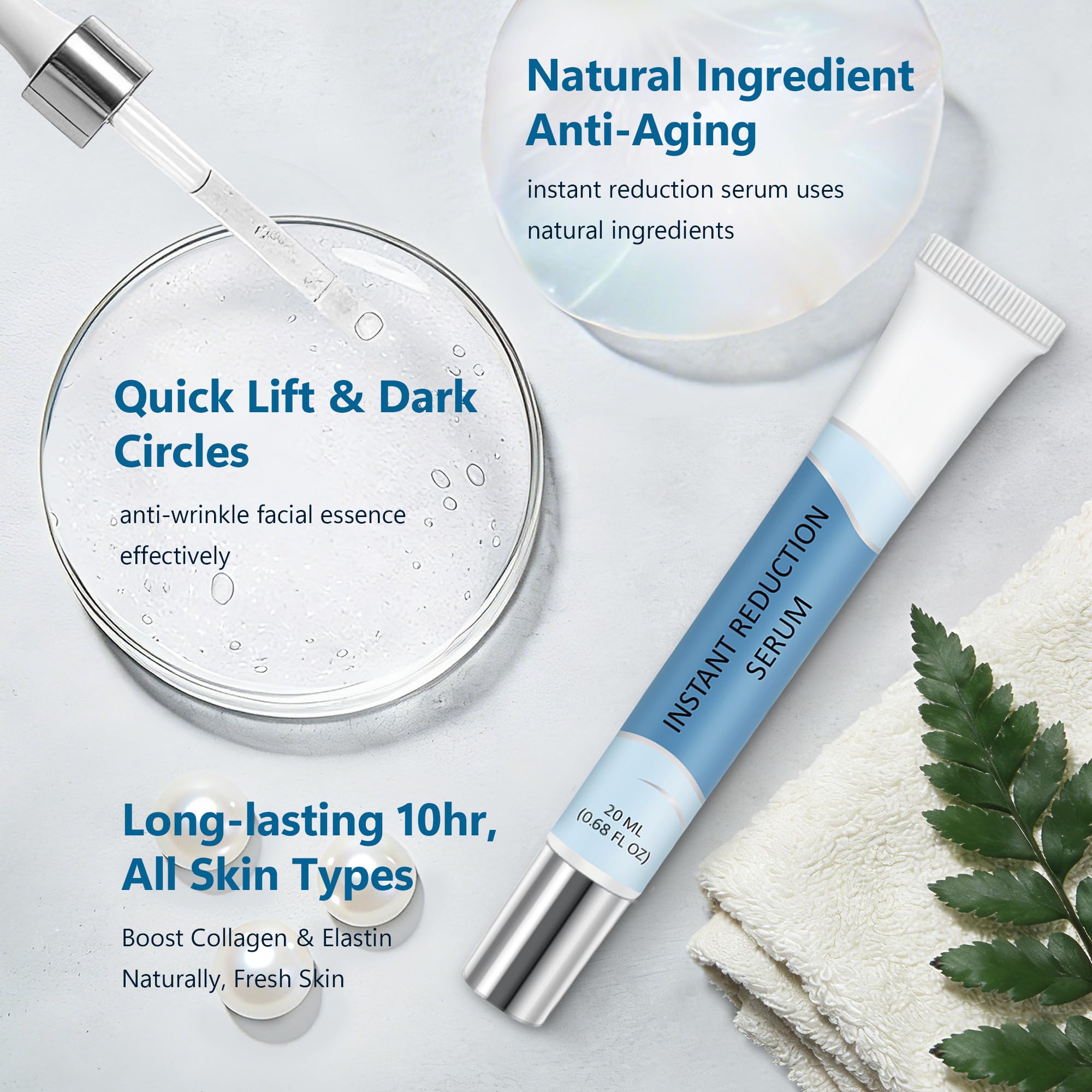 Sounece Instant Eye Lift Serum application demonstrates easy pea-sized dosing for safe use.