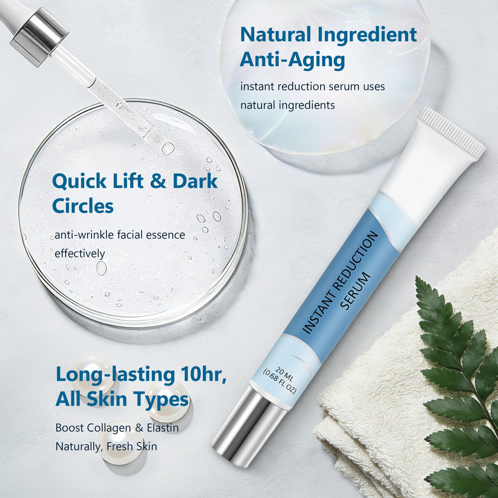 Sounece Instant Eye Lift Serum application demonstrates easy pea-sized dosing for safe use.