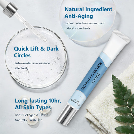 Sounece Instant Eye Lift Serum application demonstrates easy pea-sized dosing for safe use.