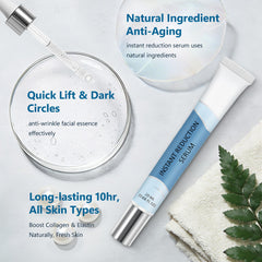 Sounece Instant Eye Lift Serum application demonstrates easy pea-sized dosing for safe use.
