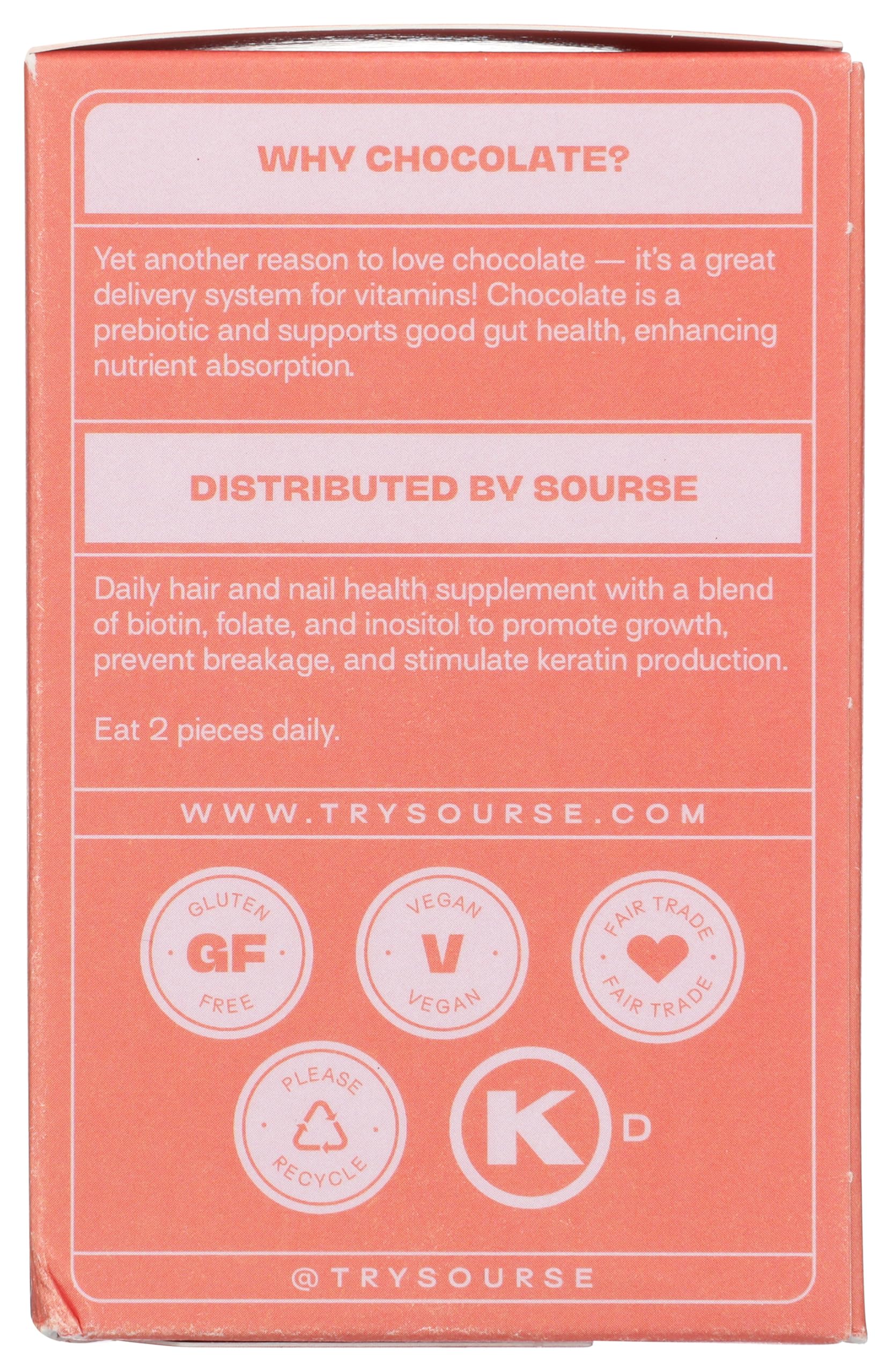 Sourse Hair Grow Bites nutrition label highlights vitamin blends supporting hair wellness.