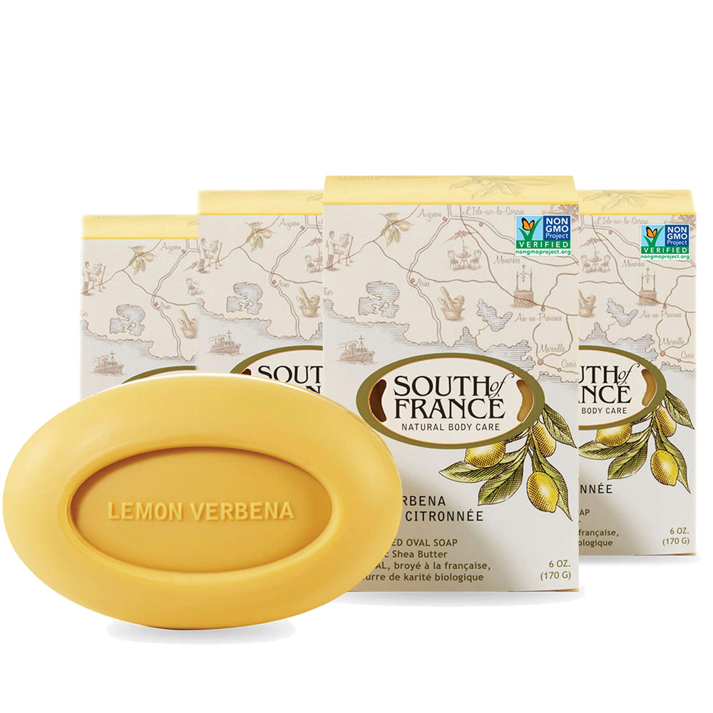 South Of France Lemon Verbena Clean Bar Soap pack of four on a clean surface for daily cleansing.