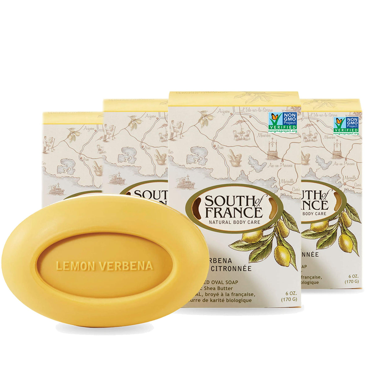 South Of France Lemon Verbena Clean Bar Soap pack of four on a clean surface for daily cleansing.