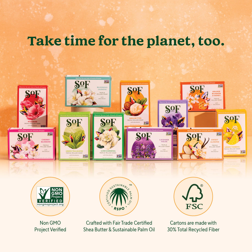 Sustainable palm oil used in SoF bar soap for responsible cleansing.
