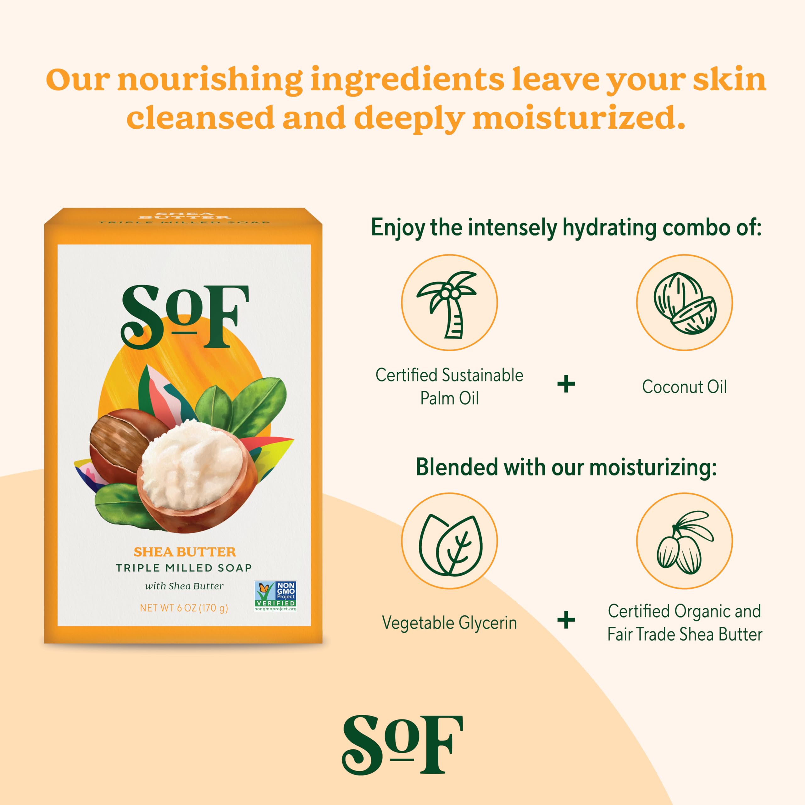 SoF vegan and non-GMO bar soap free from common irritants for mindful care.