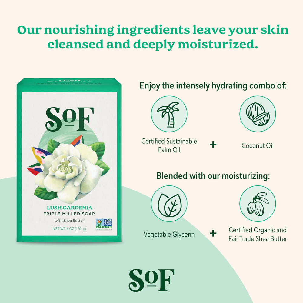 Gardenia fragrance profile with white florals and musk in SoF bar soap.