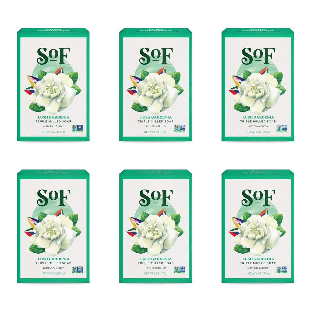 South Of France SoF Gardenia bar soap packaging highlights vegan formula and premium ingredients.