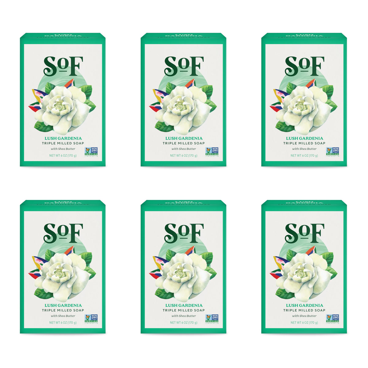 South Of France SoF Gardenia bar soap packaging highlights vegan formula and premium ingredients.