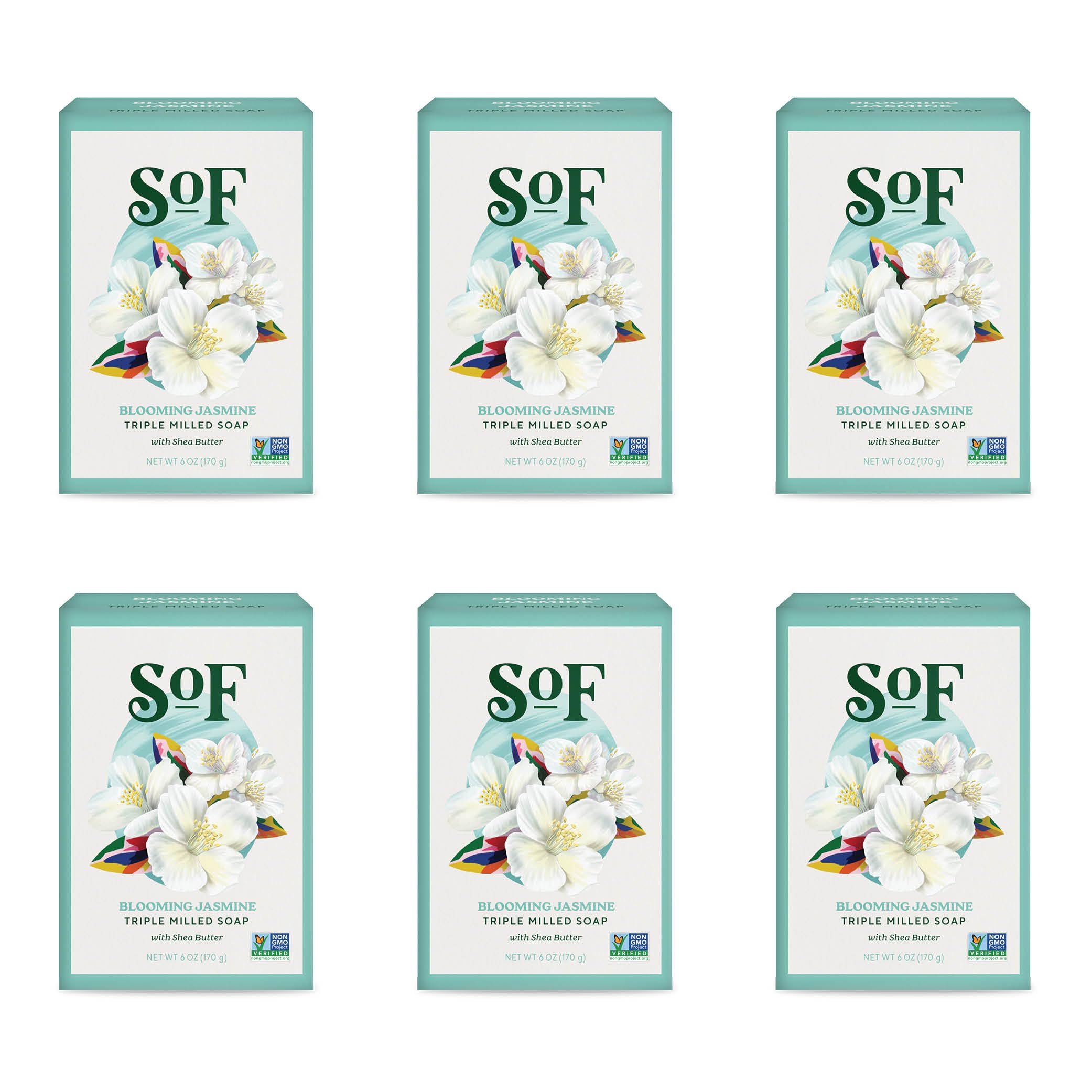SoF Blooming Jasmine bar soap shows premium triple milled craftsmanship for a luxurious cleanse.