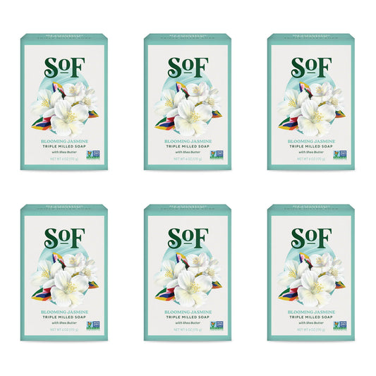 SoF Blooming Jasmine bar soap shows premium triple milled craftsmanship for a luxurious cleanse.