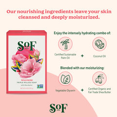 South Of France SoF Wild Rose bar soap displaying organic shea butter for soft skin.
