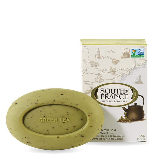 South Of France triple milled bar soap with green tea leaves for a soothing daily cleanse.