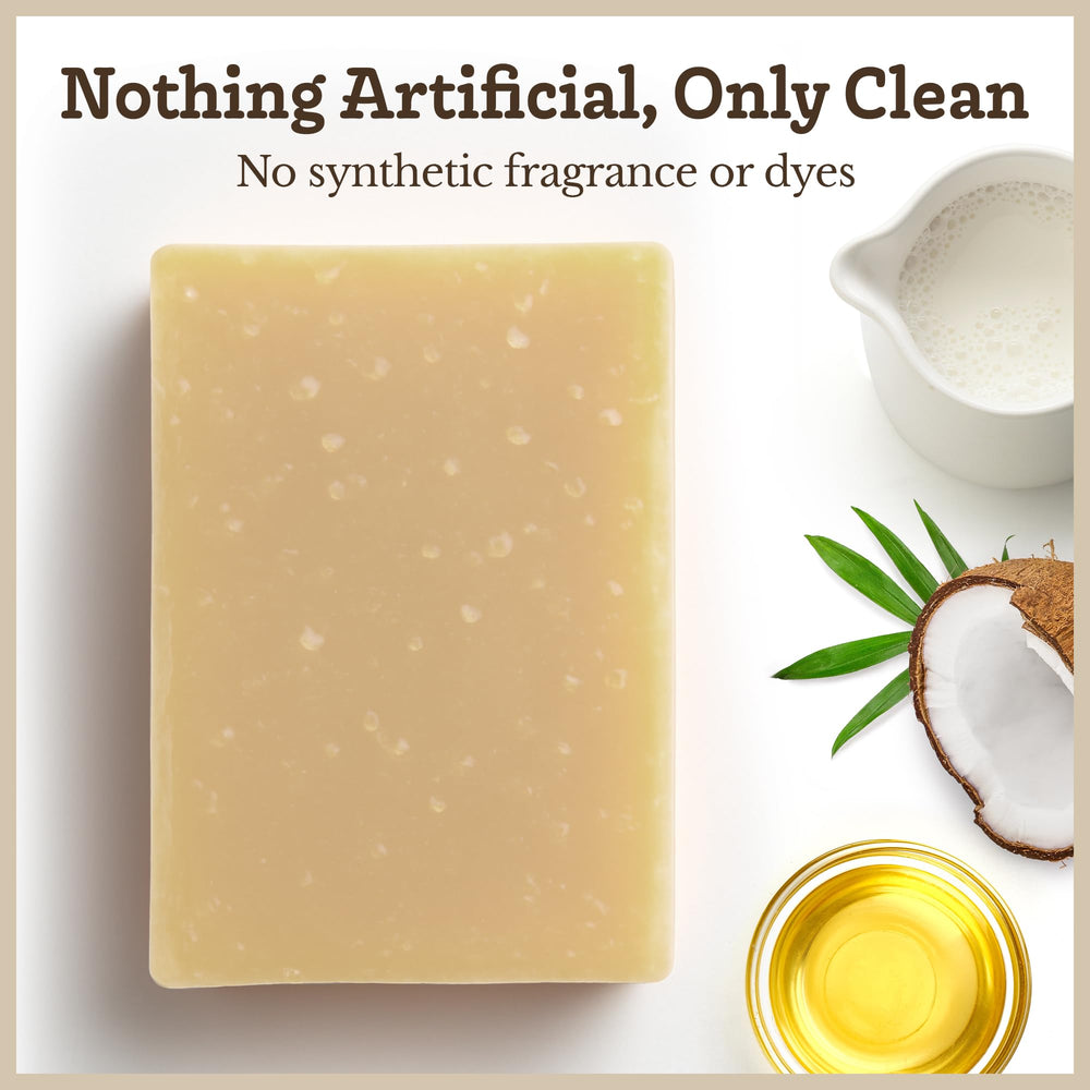 Southern Natural goat milk soap bar lather closeup shows rich, moisturizing foam for dry skin.