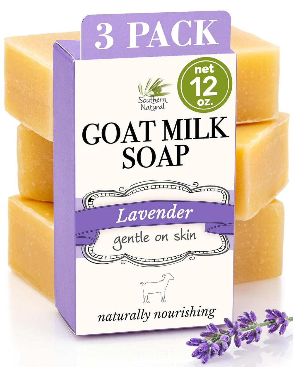 Southern Natural Lavender Goat Milk Soap Bars stacked for gentle cleansing