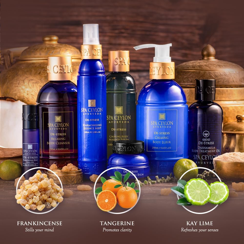 SPA CEYLON De-Stress Elixir ingredients pack highlighting natural botanicals