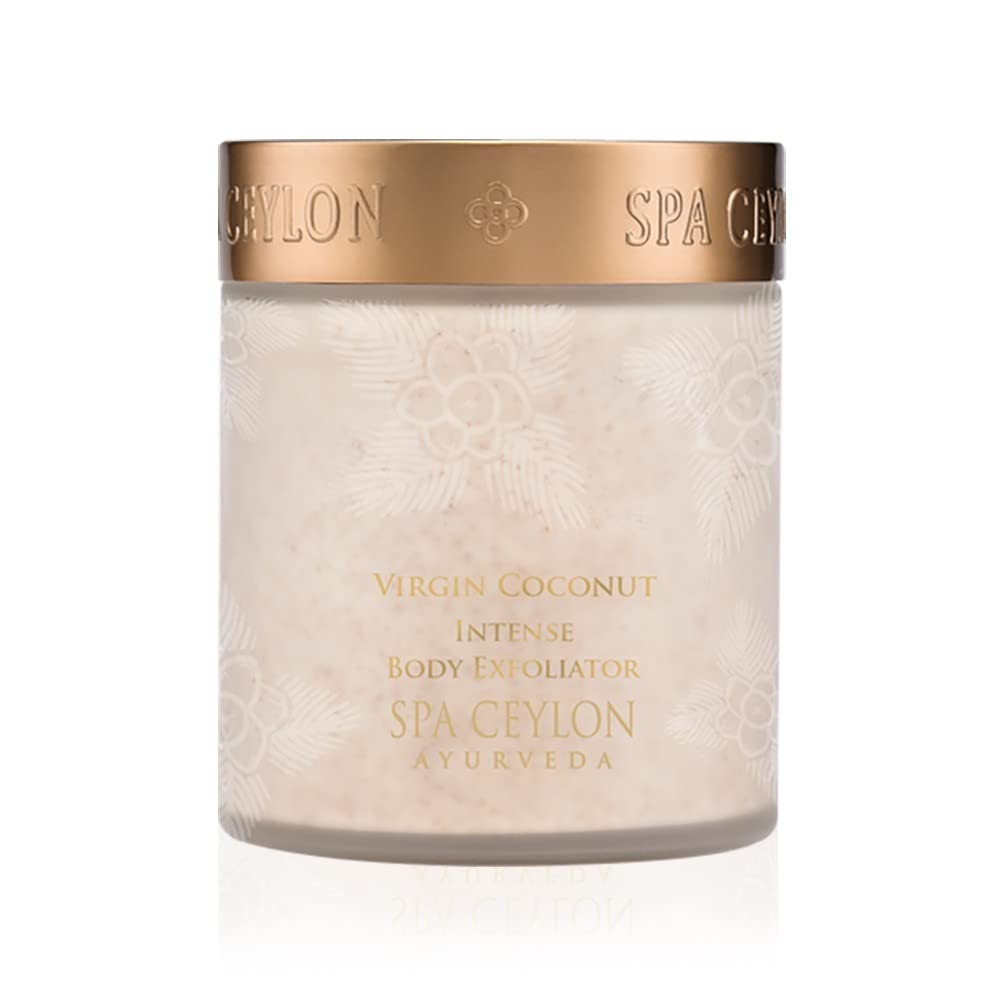 SPA CEYLON Virgin Coconut Exfoliator in bathroom setting suggests a pampering routine.