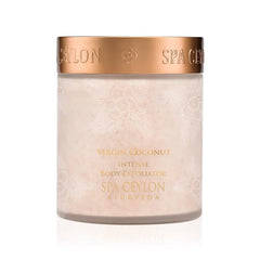 SPA CEYLON Virgin Coconut Exfoliator in bathroom setting suggests a pampering routine.