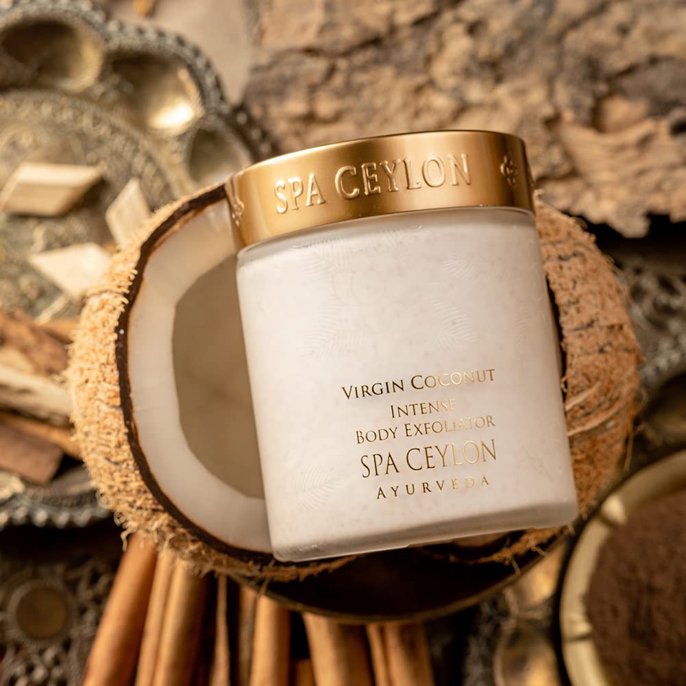 SPA CEYLON Virgin Coconut Exfoliator cream-lather reveals soft-grain action for smooth skin.