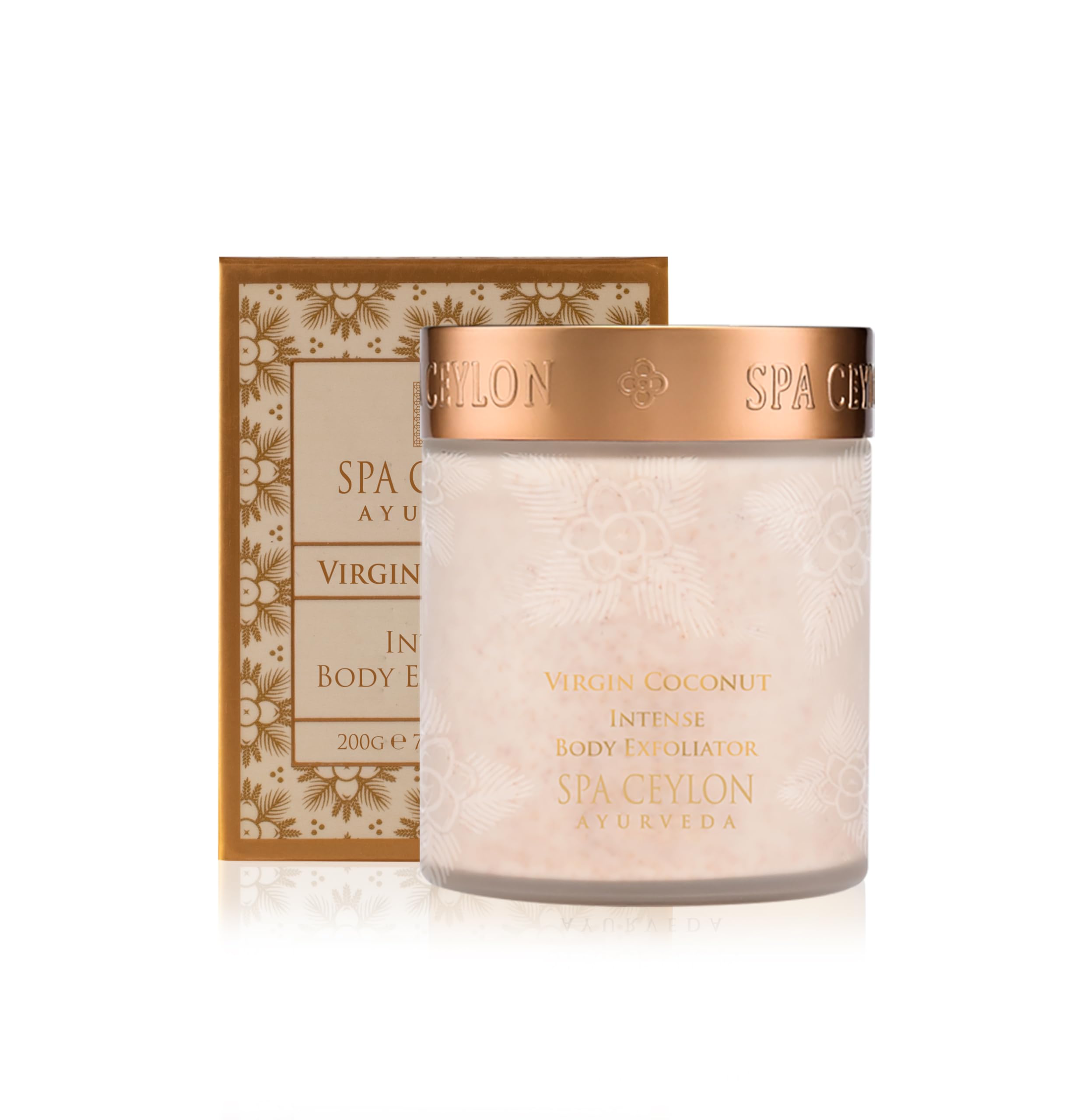 SPA CEYLON Virgin Coconut Exfoliator packaging highlights a natural, eco-friendly skincare ritual.
