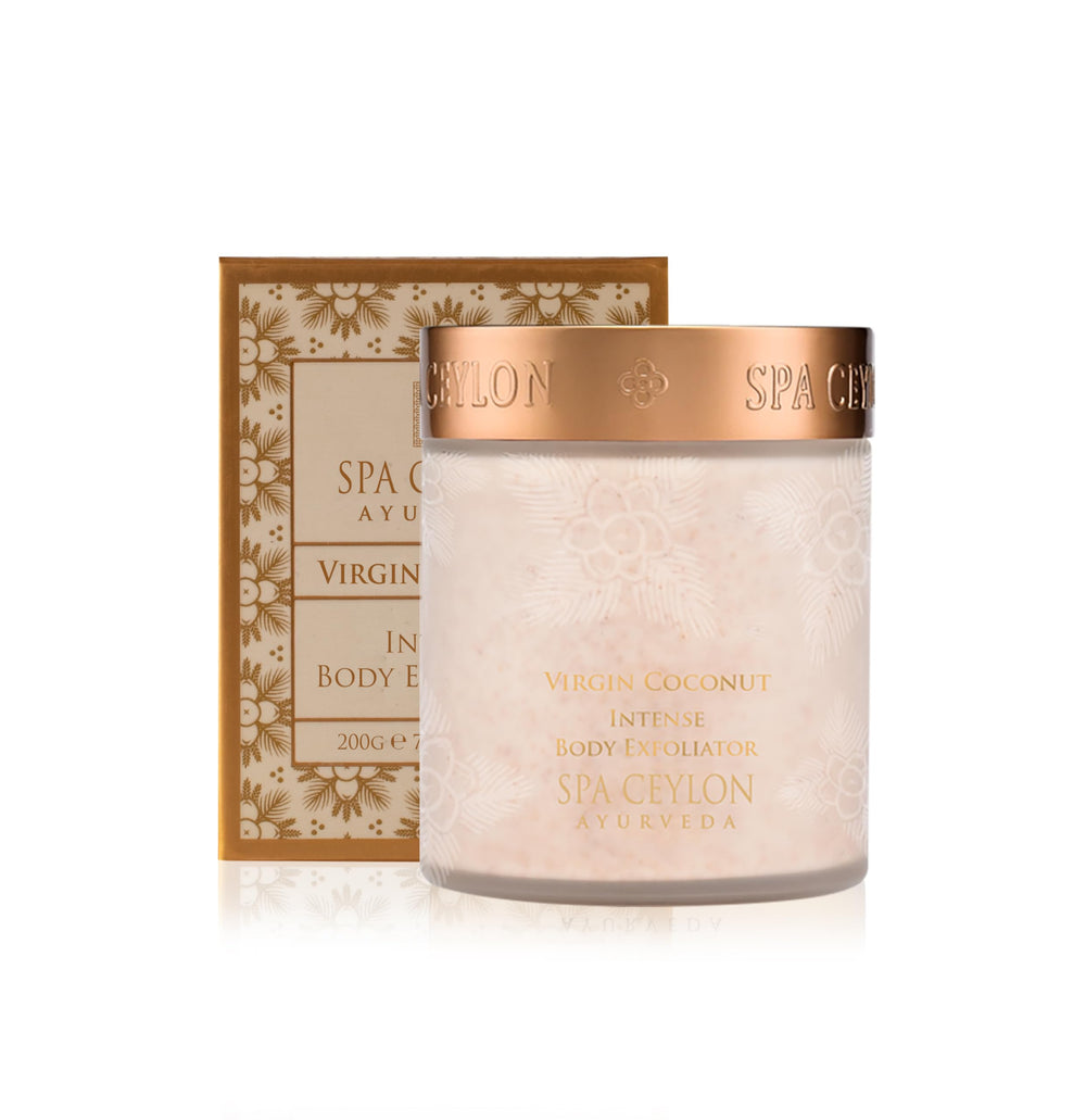 SPA CEYLON Virgin Coconut Exfoliator packaging highlights a natural, eco-friendly skincare ritual.