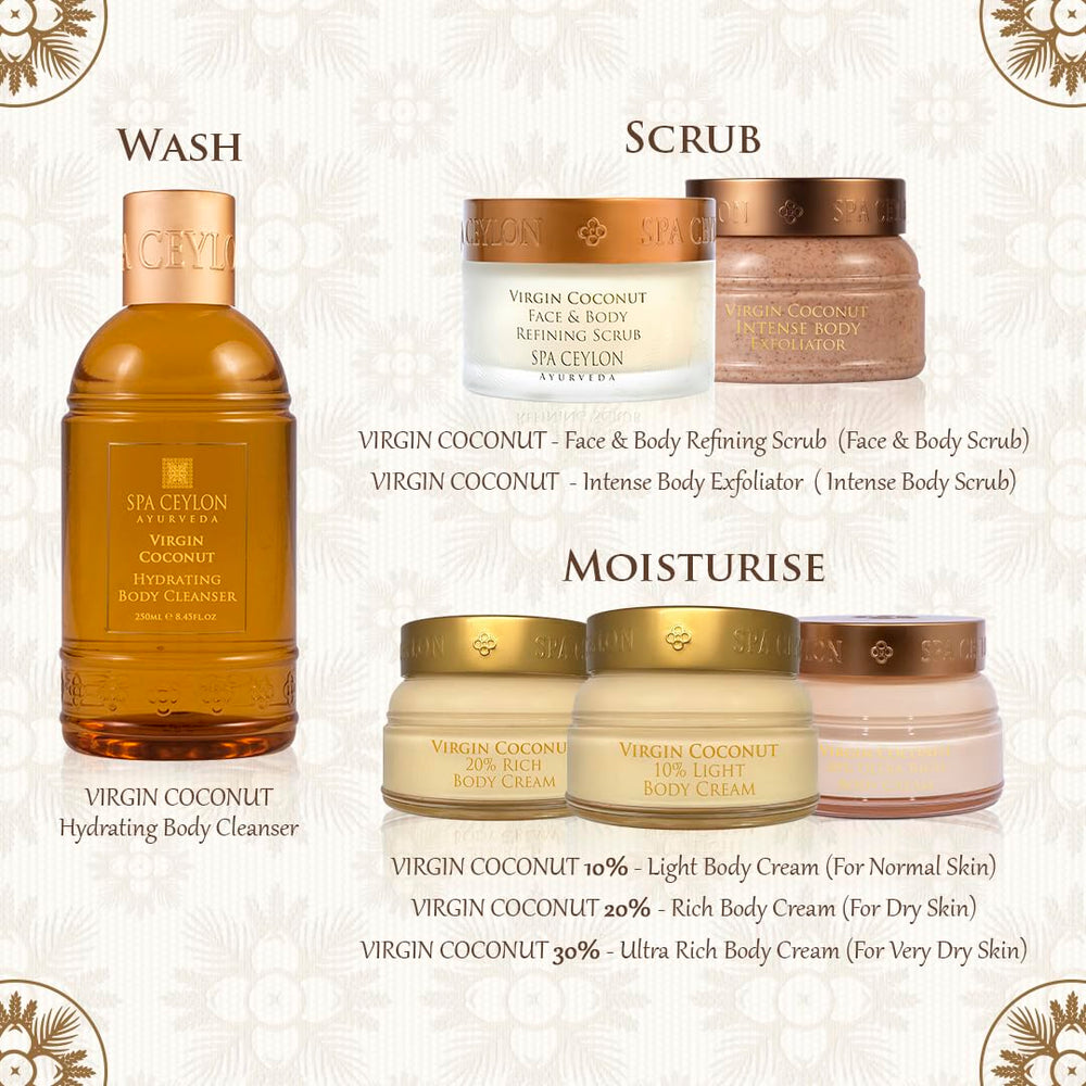 SPA CEYLON Virgin Coconut Exfoliator oil pour reveals nourishing, hydrating coconut oil infusion.