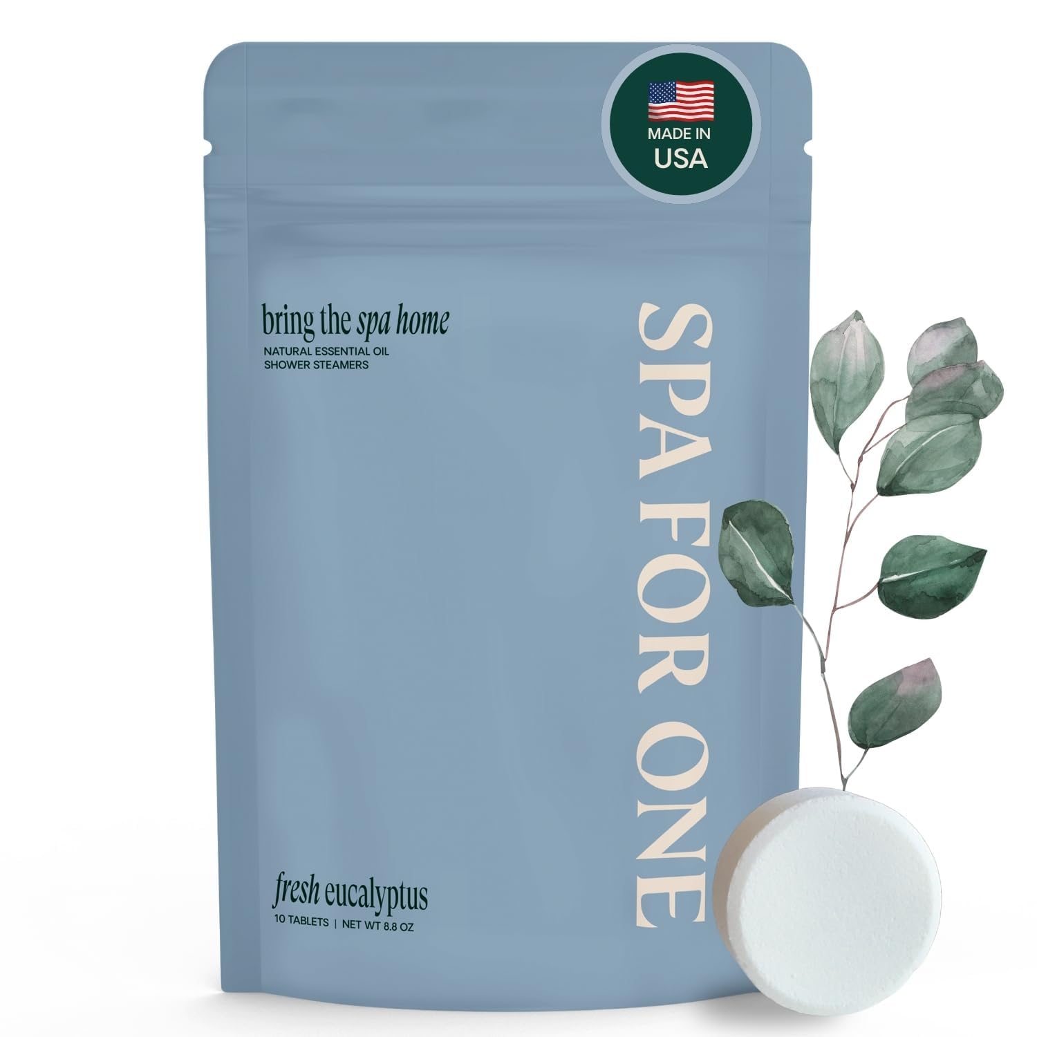 Spa For One eucalyptus shower steamer pack on shelf for self-care routine