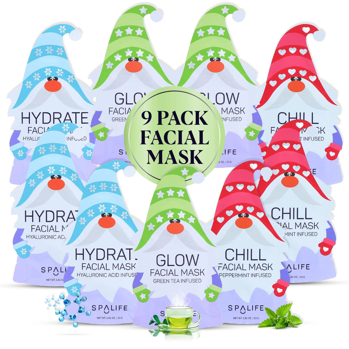 SpaLife Holiday Gnome packaging image showing the 9-pack in festive box for home spa days