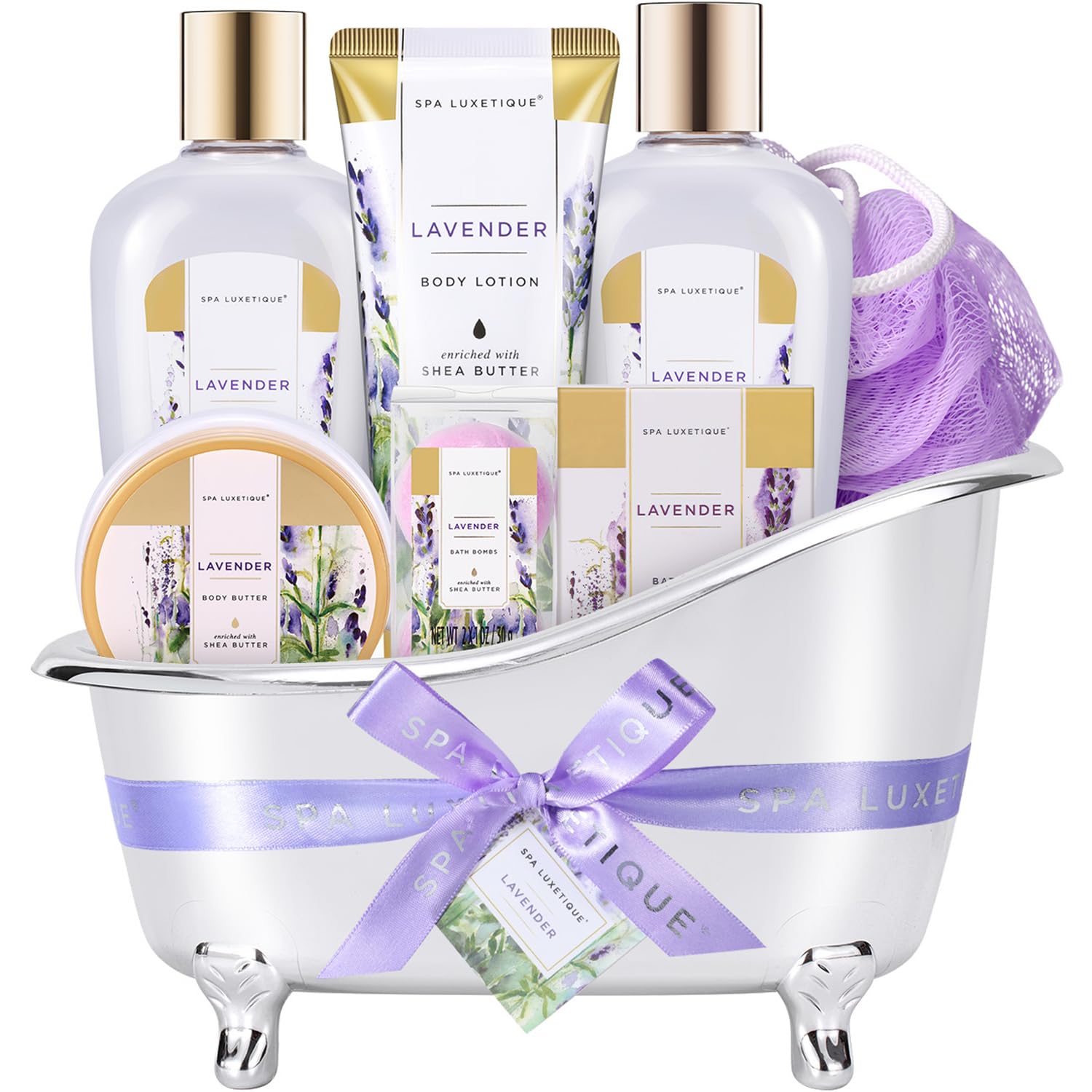 Spa Luxetique lavender bath set packaging, ideal for gifting.