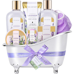 Spa Luxetique lavender bath set packaging, ideal for gifting.