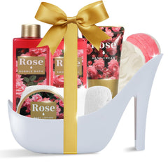 Spa Luxetique World high heel gift set on display for gifting elegance.
