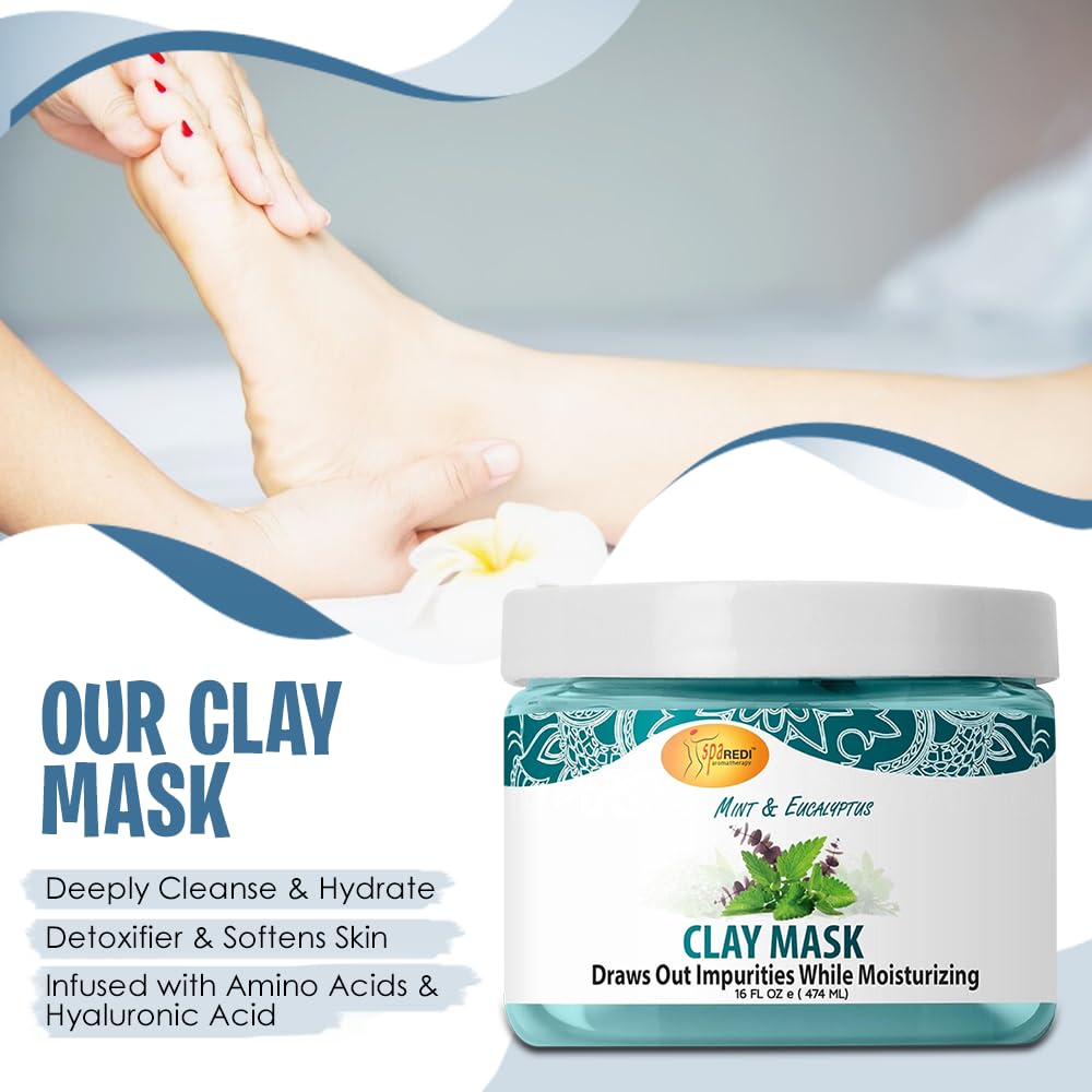 SPA REDI clay mask hydrates feet after cleansing for softness.