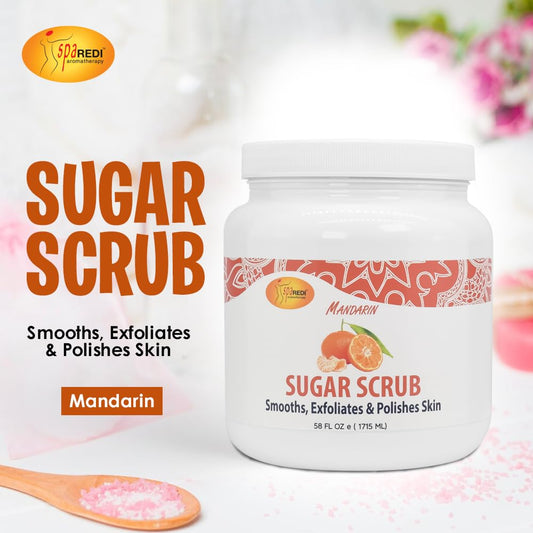 SPA REDI Mandarin Sugar Scrub jar open showing creamy exfoliant