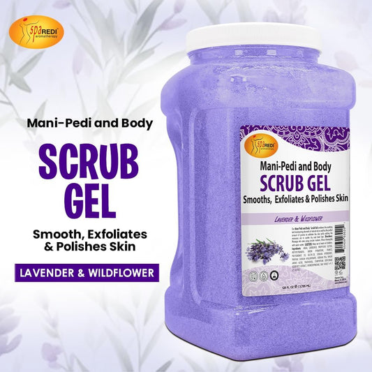 SPA REDI pumice scrub gel shows gritty particles for smoother skin.