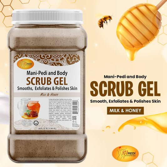 Spa Redi scrub gel jar close-up highlighting exfoliation and hydration potential.