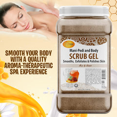 Close-up of pumice particles in Spa Redi scrub gel for exfoliation.