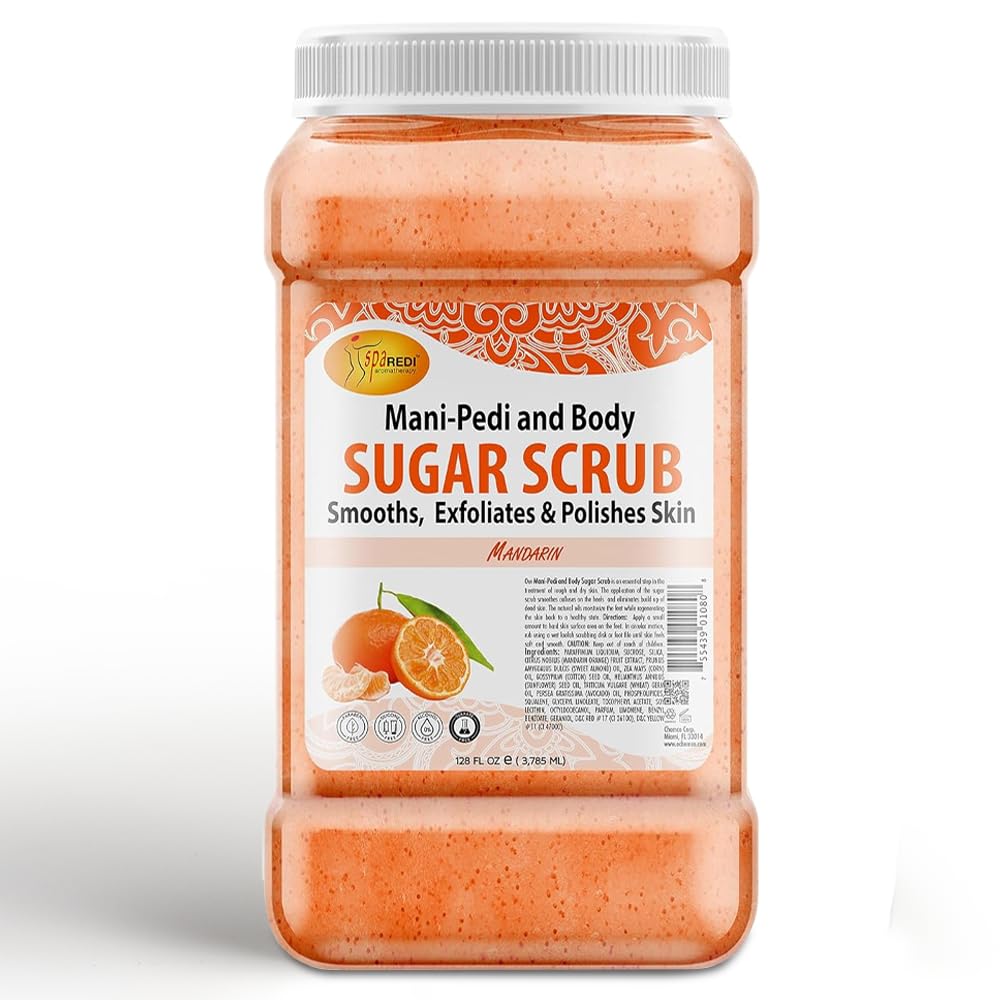 SPA REDI Mandarin Sugar Scrub bottle shows exfoliating action for smooth skin.