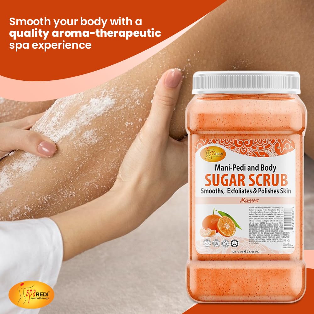 SPA REDI Mandarin Sugar Scrub jar with hand applying for radiant skin.
