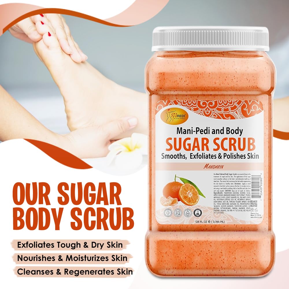 Spa-like shower setup with SPA REDI Mandarin Sugar Scrub for a relaxing ritual.